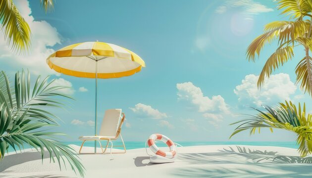 3d rendering composition of summer background with beach umbrella with chair and rubber ring , beach vibes decorate.