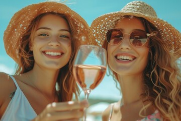 Two women enjoying pink wine while relaxing under the sun on a sandy beach with clear blue skies