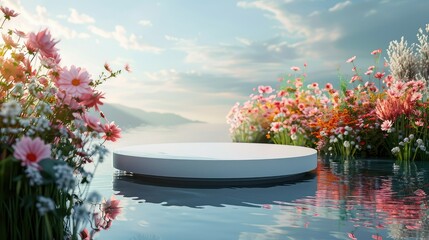 A captivating scene where a flat cylindrical countertop floats on the liquid canvas of a serene lake, surrounded by vibrant flowers.