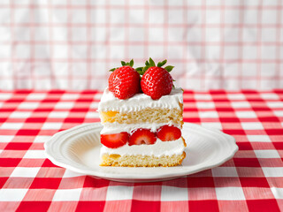 Japanese Strawberry Shortcake in triangle shape on the white dish on red and white checkered tablecloth. - 765591066