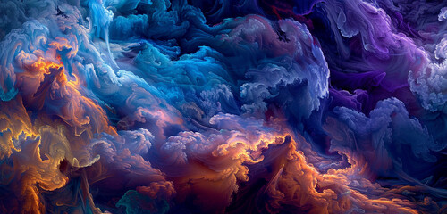 Mesmeric tapestry in indigo smoke, vibrant colors seamlessly merge. - obrazy, fototapety, plakaty