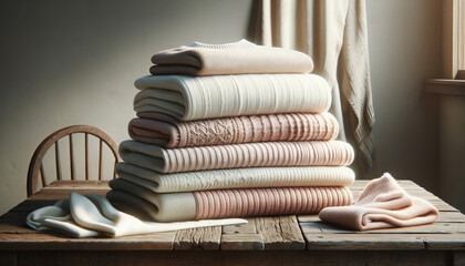 Pastel Knitwear Elegantly Stacked on a Rustic Farmhouse Table in Soft Light