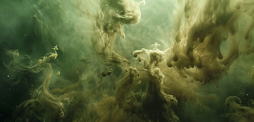 Olive green canvas, bronze vapor veil, mist, splash, space.