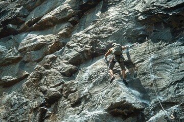 A lifestyle of Climber halfway up a rock wall, focused expression, showing essential skills like grip and foot placement; safety gear visible.