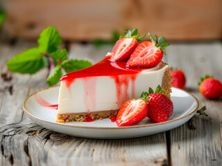 Strawberry cheese cake in triangle shape with red Sause on the white dish on cozy wooden table - 765591238