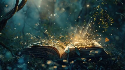 Enchanted Book of Forest Whispers, open book lies in a mystical forest, its pages radiating sparkling lights, as if whispering the secrets of an ancient world - obrazy, fototapety, plakaty