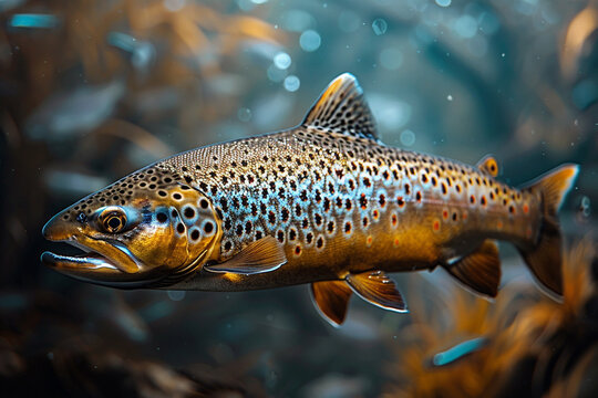 he Brown trout in the aquarium close up High quality photo