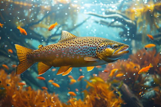  The Brown trout in the aquarium close up High quality photo