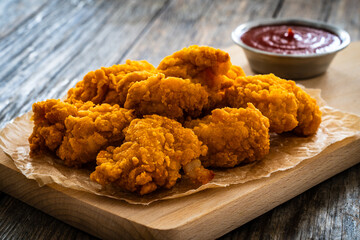 Fried breaded chicken nuggets served with fresh vegetables on wooden table
