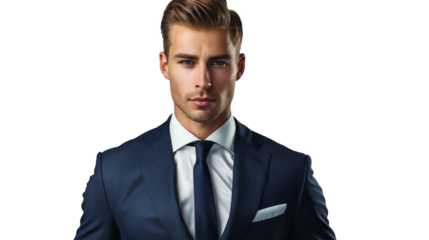 A debonair gentleman in a crisp formal suit, his polished appearance and timeless charm radiating against a seamless white background