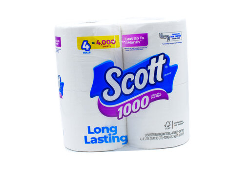 Ocala, Florida March 22, 2024 Scott long lasting unscented toilet paper bathroom tissue 1000 sheets per roll dissolves ten times faster for less clogging isolated on white background