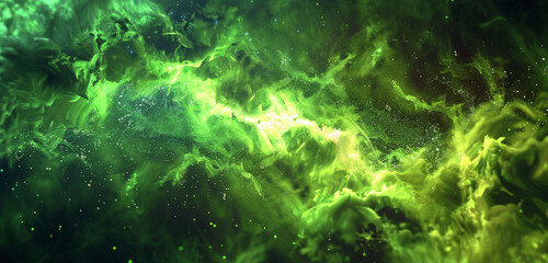 Cosmic explosion Luminous green brilliance converges into vivid bursts of glittering magenta smoke. - obrazy, fototapety, plakaty
