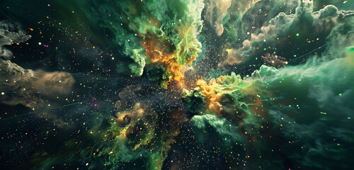 Fototapeta na wymiar Cosmic explosion Luminous green brilliance converges into vivid bursts of glittering magenta smoke.