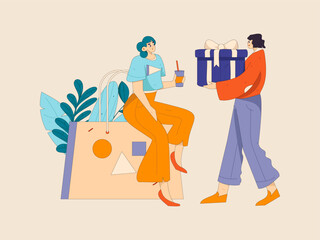 Holiday shopping people doing e-commerce online shopping flat vector concept operation hand drawn illustration
