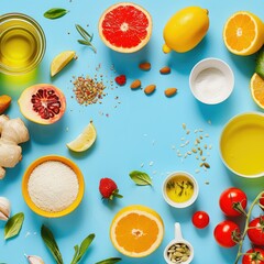 Vibrant flat lay of citrus and spices on blue - Colorful flat lay of citrus fruits, herbs, and spices neatly arranged on a bright blue background, embodying freshness and health