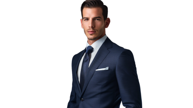 A handsome man in a classic formal suit, his tailored attire exuding confidence and sophistication against a white transparent background