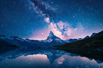 The dark night sky is mirrored in a mountain lake, creating a striking scene of celestial beauty reflected on the calm water surface