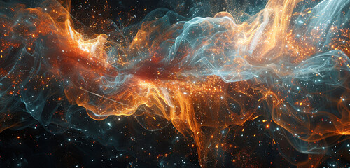 Ethereal neon tendrils of radiant orange intertwine, birthing celestial bursts of glittering cyan smoke. - obrazy, fototapety, plakaty