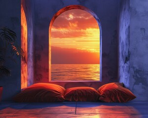 Ocean view through an arched window at sunset - The sunset paints the sky in hues of orange and red, seen through a window framing the ocean view