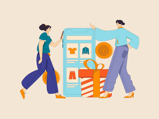 Holiday shopping people doing e-commerce online shopping flat vector concept operation hand drawn illustration
