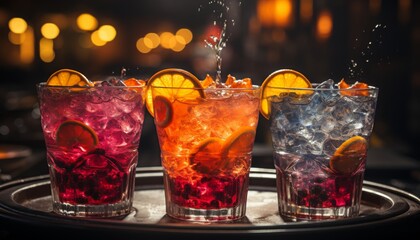 exotic, colorful cocktails arranged on a nightclub counter.The cocktails exude a tropical, refreshing vibe, enticing patrons to indulge in the lively atmosphere of the bar.