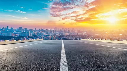 Tuinposter Empty City Road with Skyline at Sunrise, Urban Landscape and Modern Architecture, Dawn of a New Day © MdIqbal