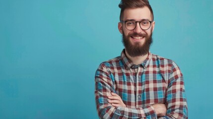 Smiling confident young bearded handsome man hipster wear shirt glasses