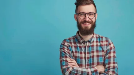 Fotobehang Smiling confident young bearded handsome man hipster wear shirt glasses © ORG