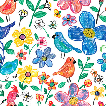 A seamless pattern of colorful flowers and birds drawn in the style of crayon on a white background. The design incorporates vibrant colors like reds, yellows, blues, greens, with each flower or bird 