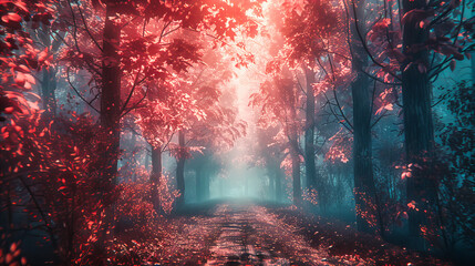 Enchanted autumnal forest path with vibrant fall foliage, misty morning light creating a magical, fairy-tale scenery - obrazy, fototapety, plakaty