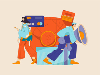 Holiday shopping people doing e-commerce online shopping flat vector concept operation hand drawn illustration
