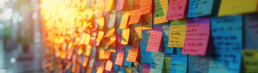 Loyalty program brainstorming colorful sticky notes on wall - obrazy, fototapety, plakaty