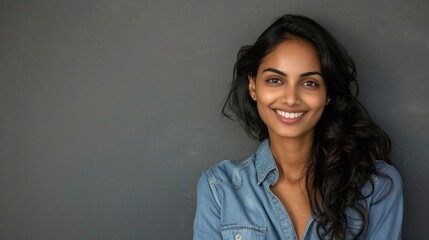 Fototapeta premium Smiling young Indian business woman wearing blue denim shirt looking at camera isolated on gray empty background.