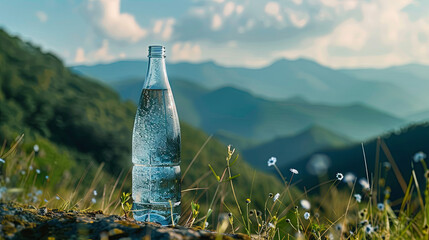 A refreshing bottle of crystal-clear water is placed against the scenic backdrop of a mountain river, with majestic peaks rising in the distance - obrazy, fototapety, plakaty