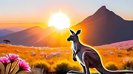 Muurstickers kangaroo in sunset © Attaul