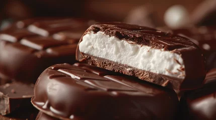 Fotobehang Detailed shot of a peppermint patty emphasizing the crisp chocolate coating and creamy interior © 220 AI Studio