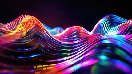 Abstract fluid iridescent holographic neon curved wave in motion colorful background 3d render. Gradient design element for backgrounds, banners, wallpapers, posters and covers.