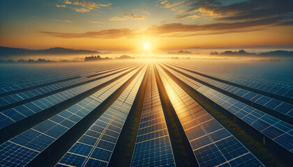 Sunrise over Expansive Solar Panel Farm Emphasizing Sustainable Energy Technologies