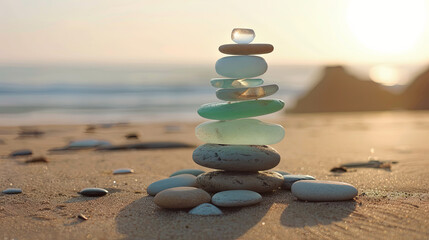 Fototapeta na wymiar Glass stones carefully positioned on the seashore create a peaceful and harmonious setting