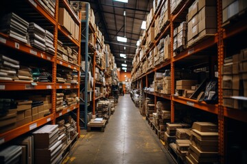 A warehouse filled with neatly stacked boxes and pallets, offering an ideal setting for showcasing logistics and storage concepts.