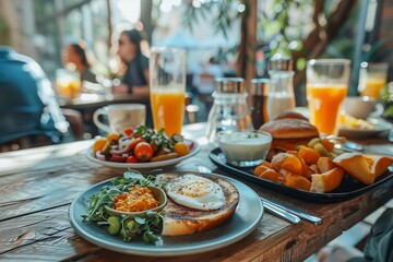 Sumptuous Breakfast Spread with Fresh Juice and Eggs on a Sunny Outdoor Patio