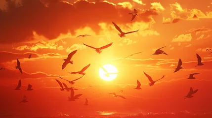 Tuinposter A captivating sunset setting with seagulls gracefully gliding above the tranquil waters, evoking a serene ambiance © Taisiia