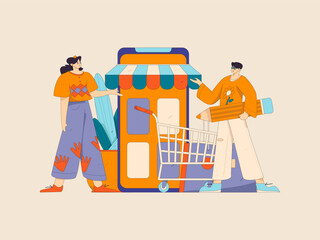 Holiday shopping people doing e-commerce online shopping flat vector concept operation hand drawn illustration
