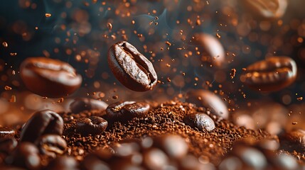 Solid brown background, some coffee beans floating around randomly, simple shape, minimalist style,...