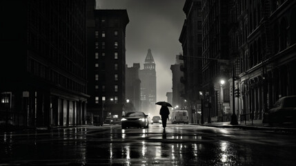 Moody urban street scene captured in black and white.