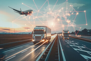 dynamic transportation and logistics concept, showcasing various modes of freight transport such as trucking and aviation, integrated with digital connectivity and global networking (3) - obrazy, fototapety, plakaty
