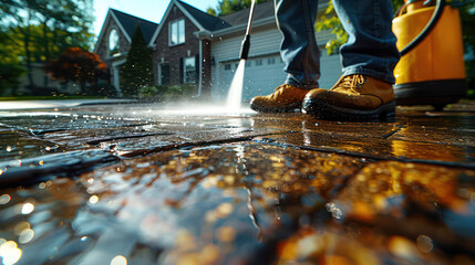 A man is cleaning a sidewalk with a pressure washer - obrazy, fototapety, plakaty
