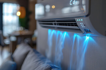 Air conditioner with blue waves of cold clean air in the apartment