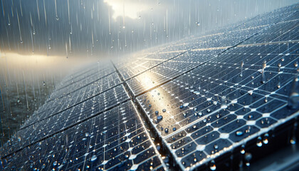 Renewable Energy Concept: Raindrops on Photovoltaic Solar Panels at Dawn - obrazy, fototapety, plakaty