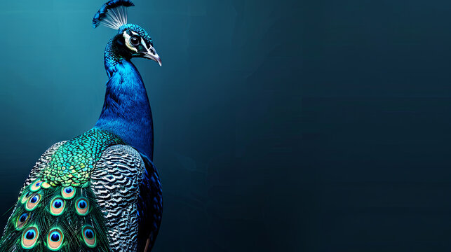 Stunning color peacock with a long luxurious tail on a blue background, copy space